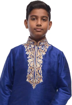 Embroidered Dupion Silk Kurta Set in Royal Blue