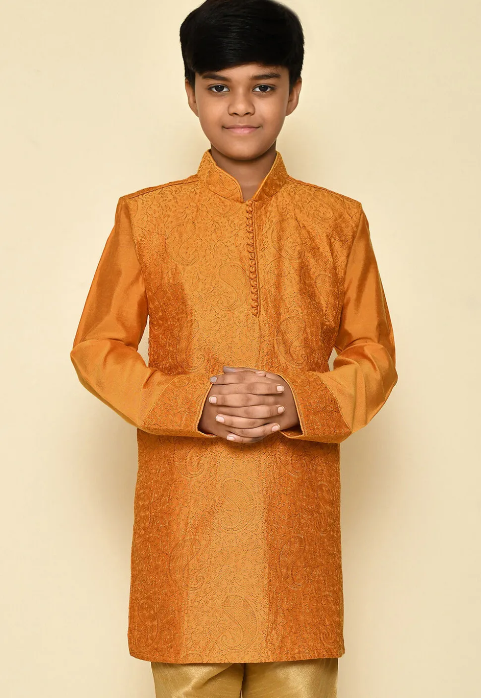 Embroidered Dupion Silk Kurta in Mustard