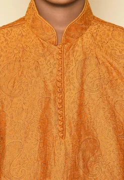 Embroidered Dupion Silk Kurta in Mustard