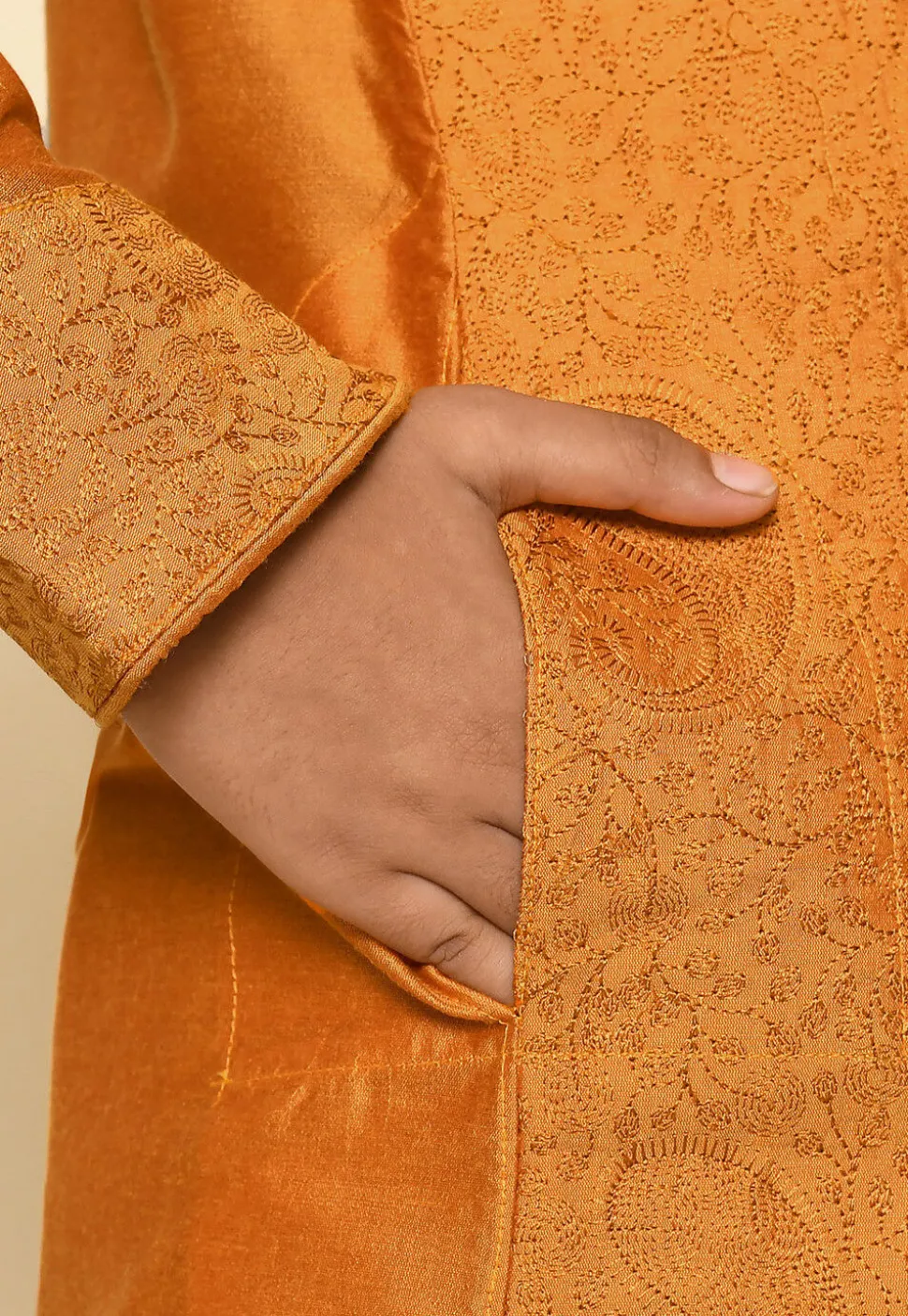 Embroidered Dupion Silk Kurta in Mustard