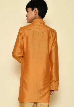 Embroidered Dupion Silk Kurta in Mustard
