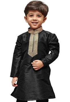 Embroidered Dupion Silk Kurta in Black