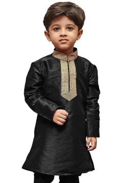 Embroidered Dupion Silk Kurta in Black