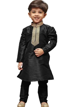 Embroidered Dupion Silk Kurta in Black