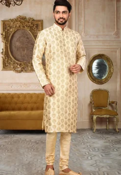 Embroidered Dupion Silk Kurta Set in Light Beige