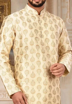 Embroidered Dupion Silk Kurta Set in Light Beige