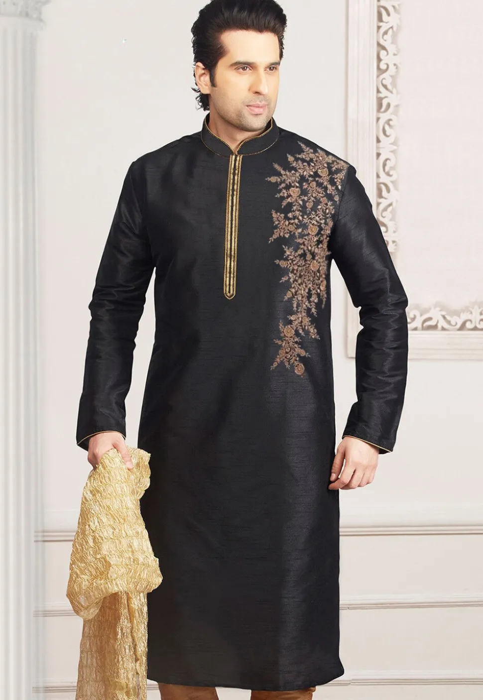 Embroidered Dupion Silk Kurta in Black