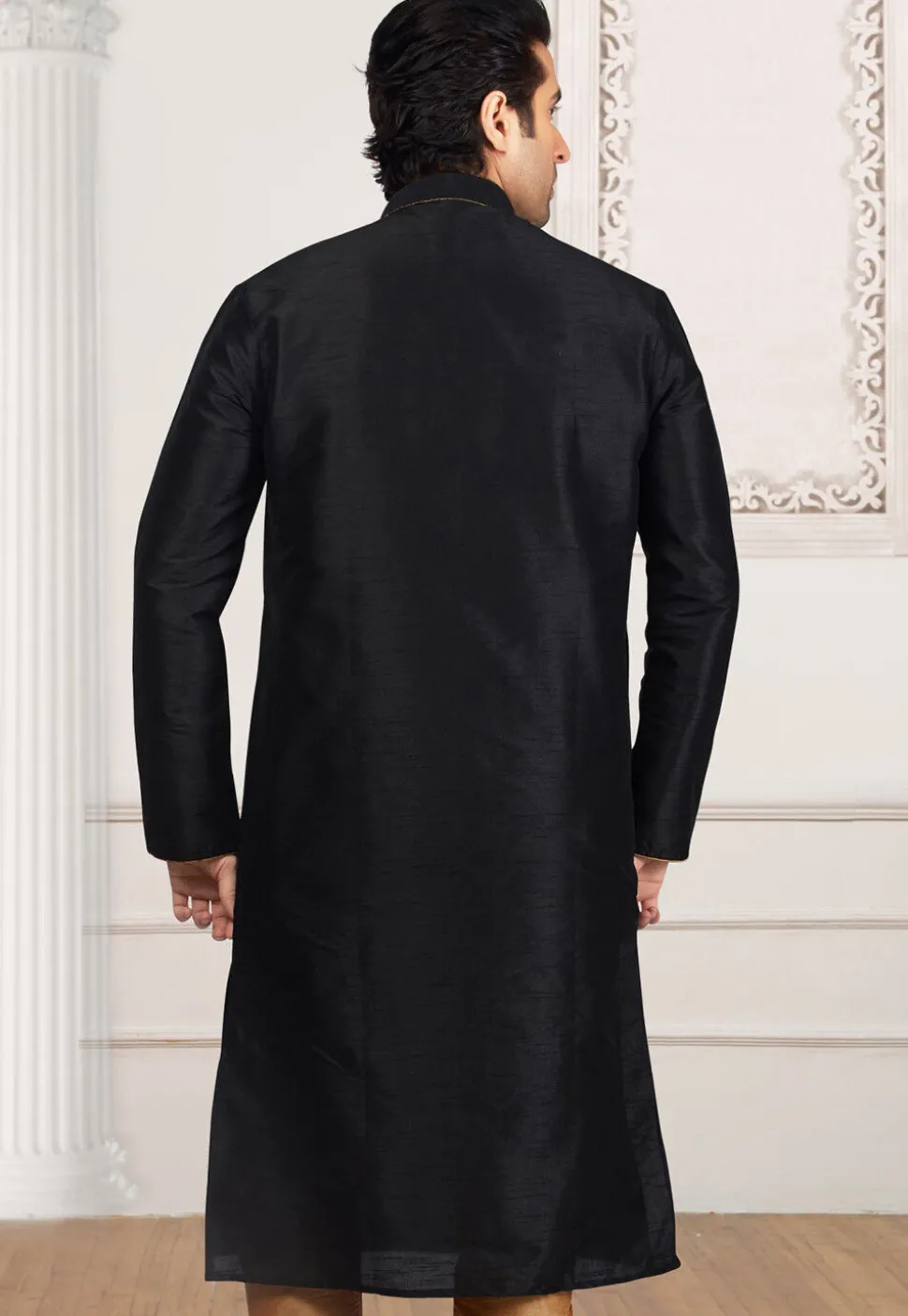 Embroidered Dupion Silk Kurta in Black