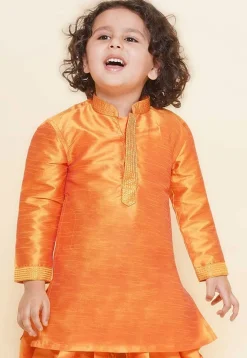Embroidered Dupion Silk Kurta in Orange