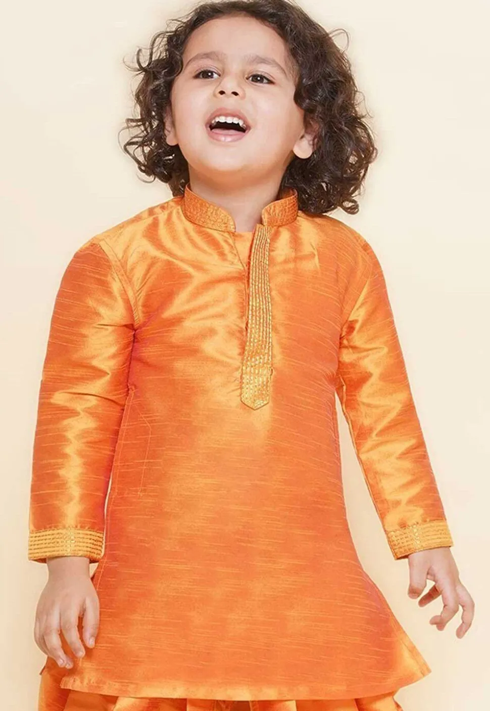 Embroidered Dupion Silk Kurta in Orange