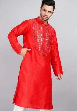 Embroidered Dupion Silk Kurta in Red