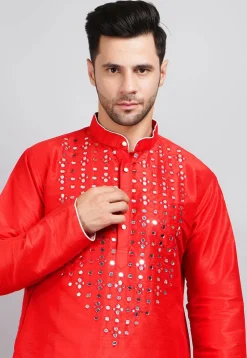 Embroidered Dupion Silk Kurta in Red