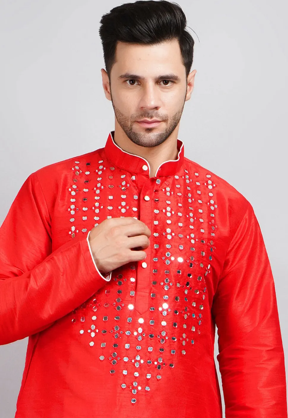 Embroidered Dupion Silk Kurta in Red