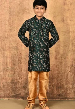 Embroidered Dupion Silk Kurta Set in Dark Green