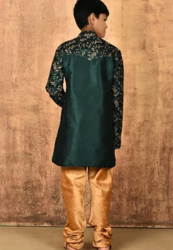 Embroidered Dupion Silk Kurta Set in Dark Green