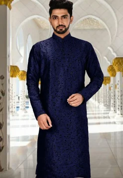 Embroidered Dupion Silk Kurta in Navy Blue