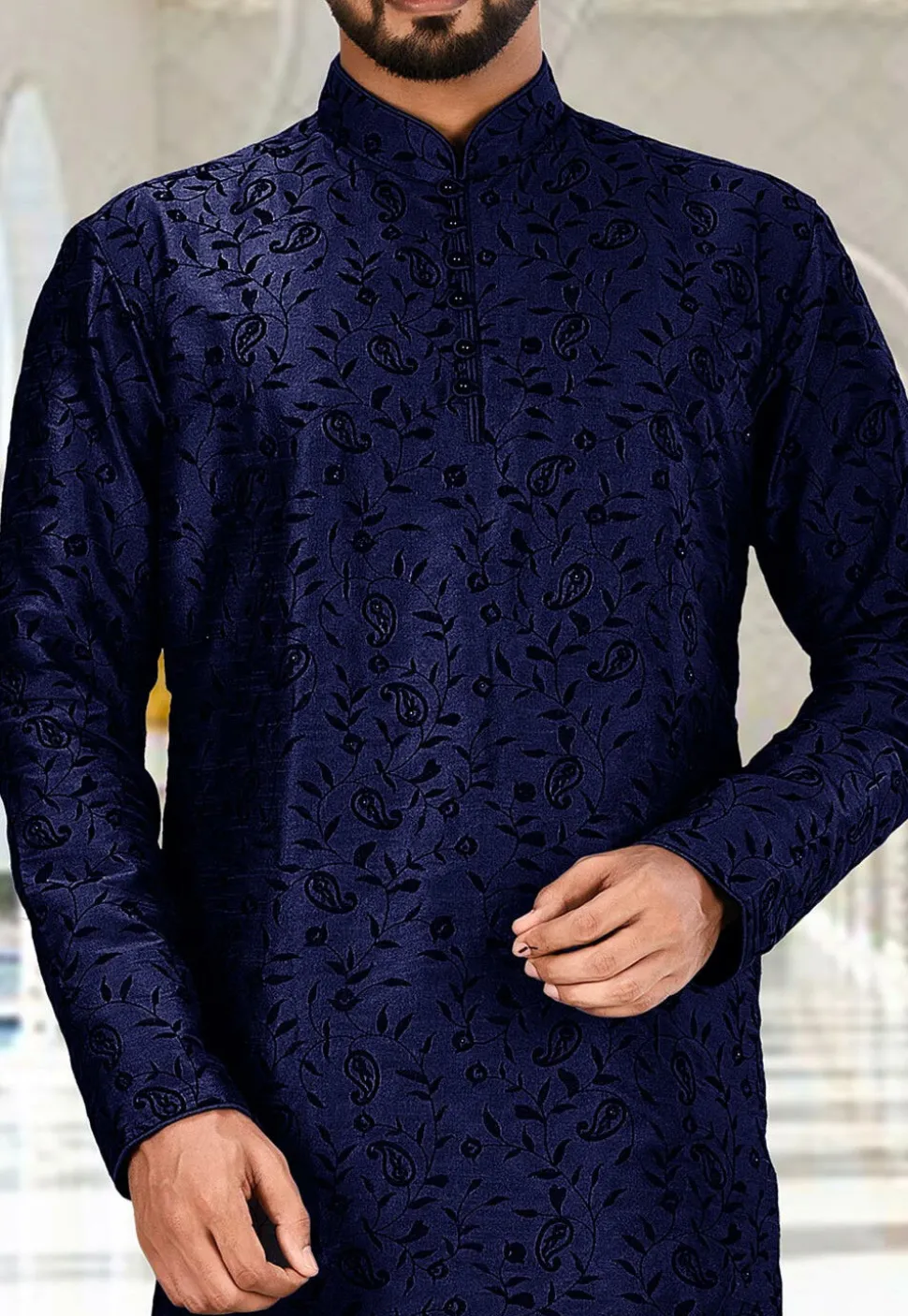 Embroidered Dupion Silk Kurta in Navy Blue
