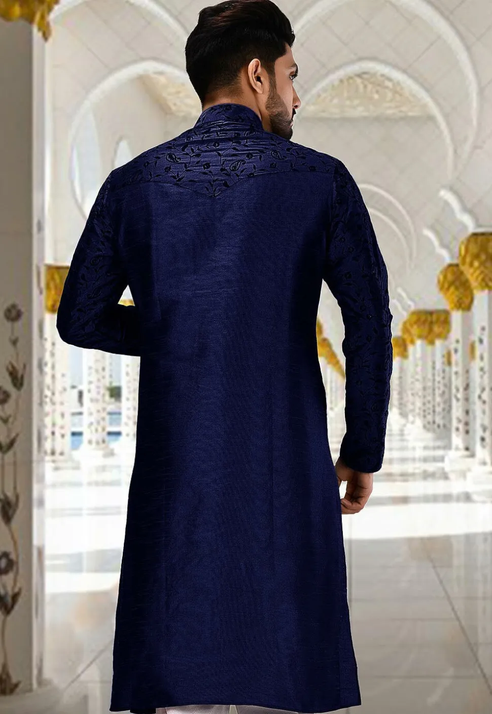 Embroidered Dupion Silk Kurta in Navy Blue