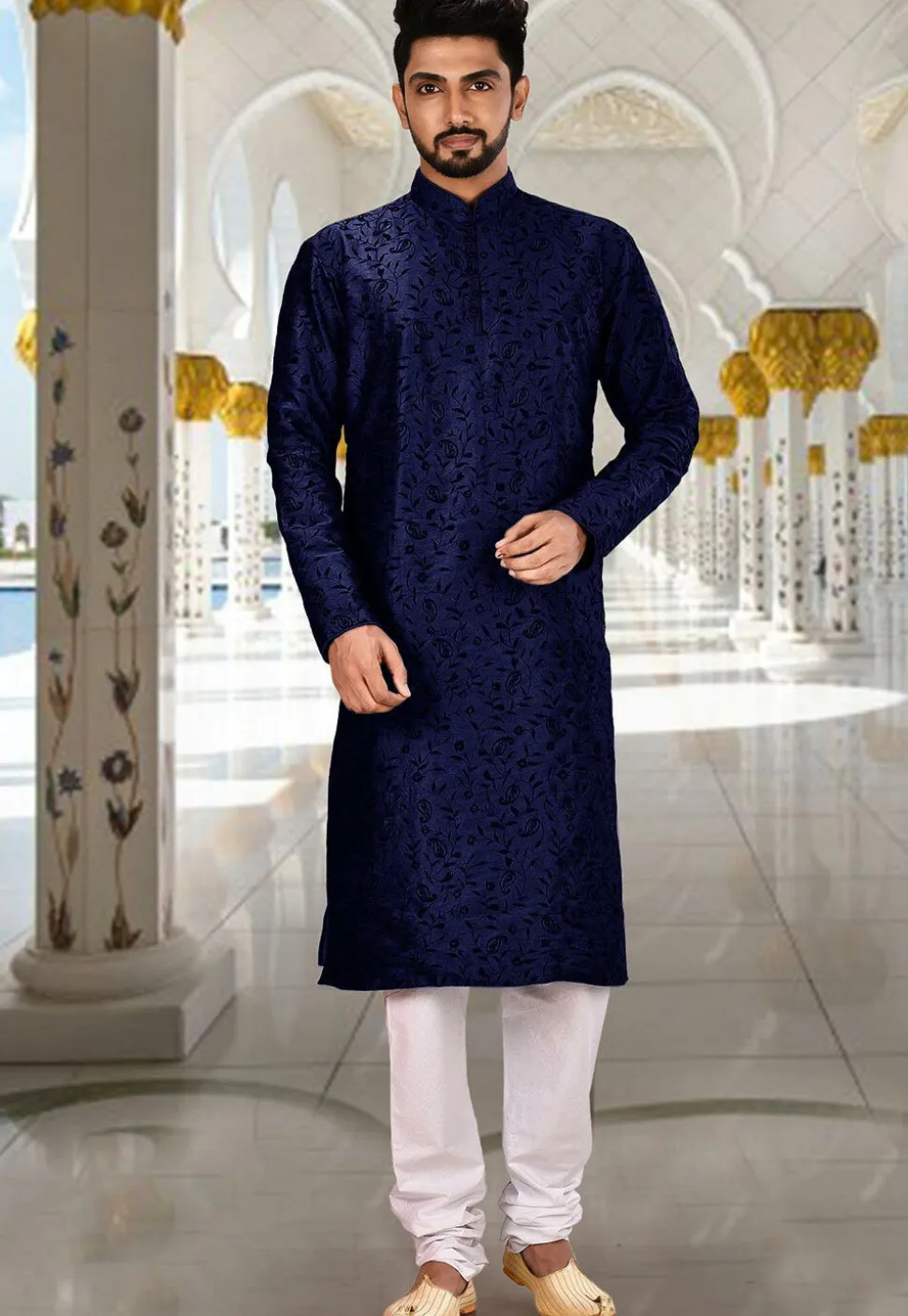 Embroidered Dupion Silk Kurta in Navy Blue