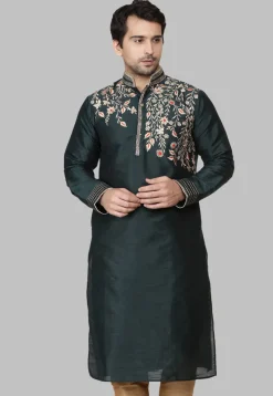 Embroidered Dupion Silk Kurta in Dark Green