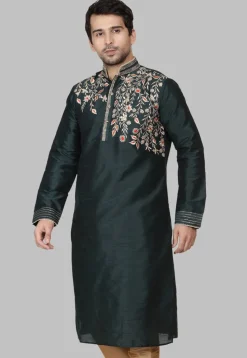 Embroidered Dupion Silk Kurta in Dark Green