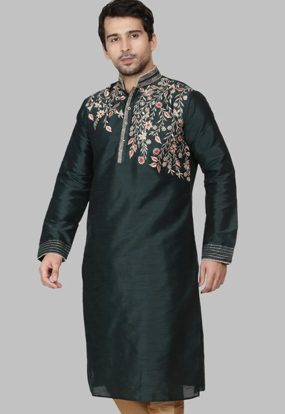 Embroidered Dupion Silk Kurta in Dark Green
