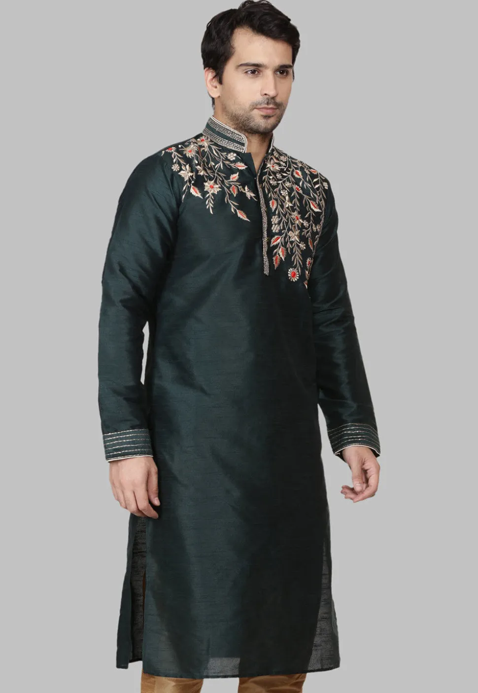 Embroidered Dupion Silk Kurta in Dark Green