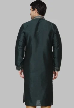 Embroidered Dupion Silk Kurta in Dark Green