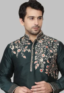 Embroidered Dupion Silk Kurta in Dark Green