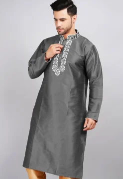 Embroidered Dupion Silk Kurta in Dark Grey