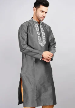 Embroidered Dupion Silk Kurta in Dark Grey