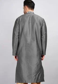 Embroidered Dupion Silk Kurta in Dark Grey