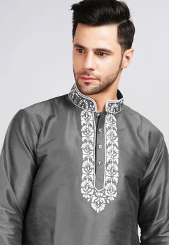 Embroidered Dupion Silk Kurta in Dark Grey