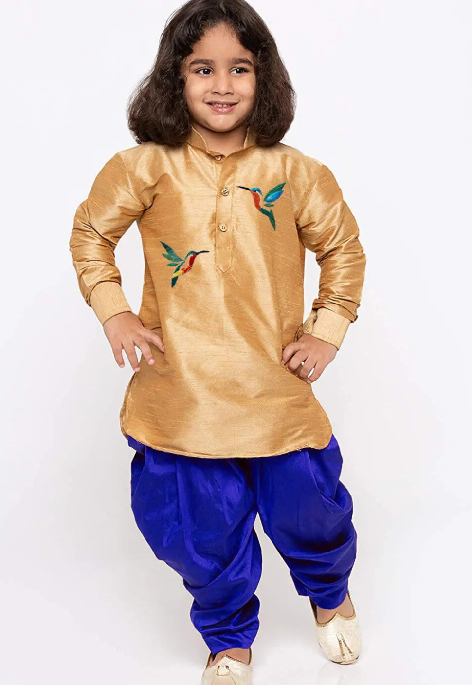 Embroidered Dupion Silk Kurta Set in Beige
