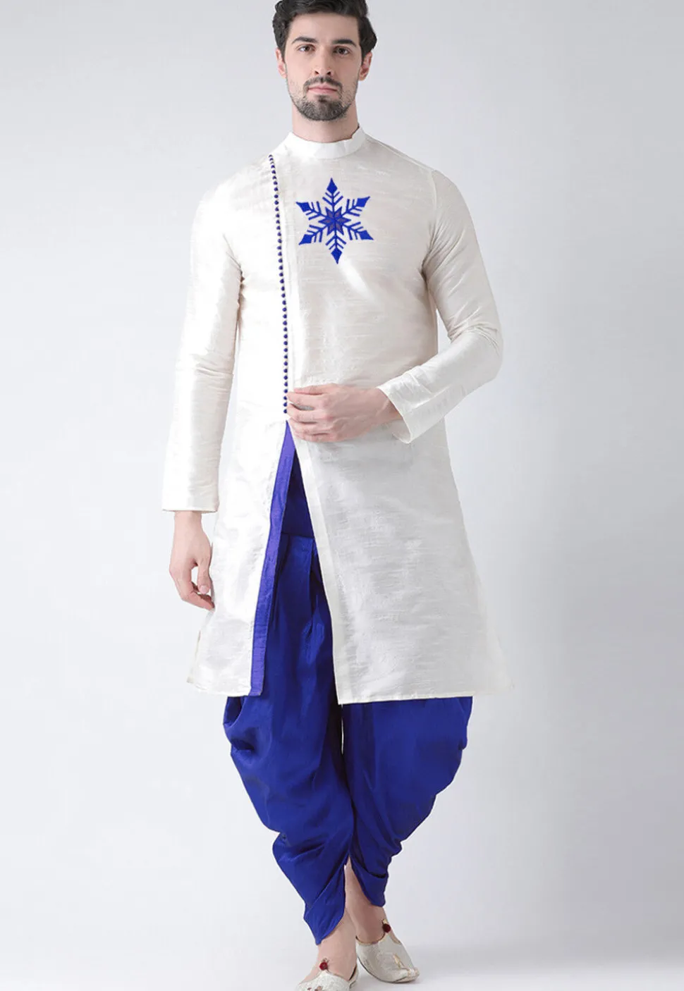Embroidered Dupion Silk Kurta Set in White