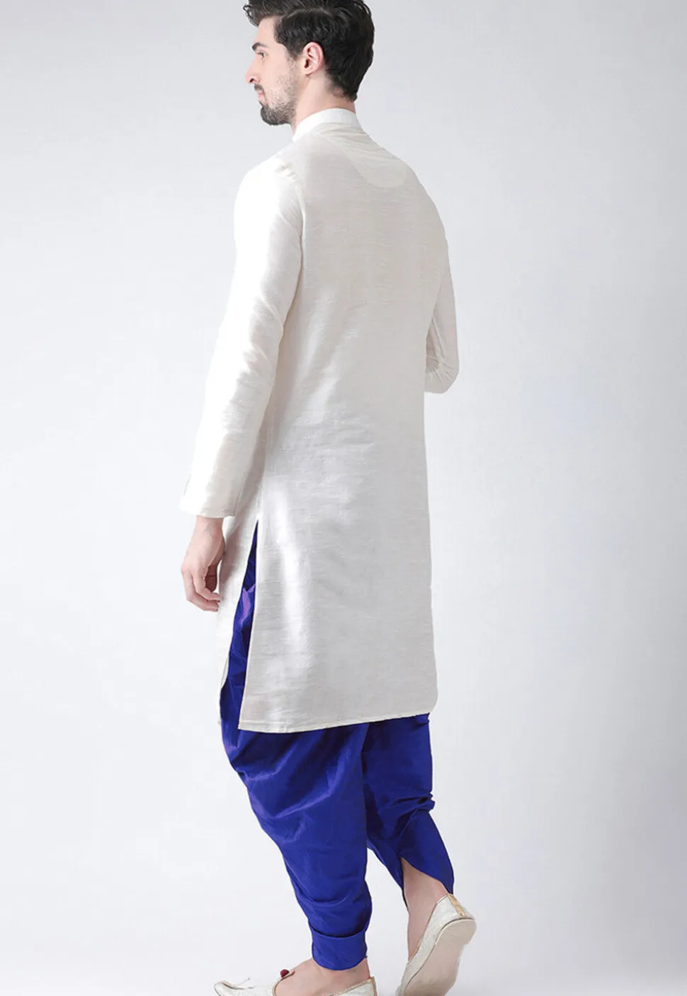 Embroidered Dupion Silk Kurta Set in White