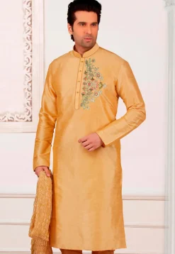 Embroidered Dupion Silk Kurta in Light Beige