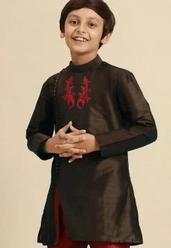 Embroidered Dupion Silk Kurta in Dark Brown