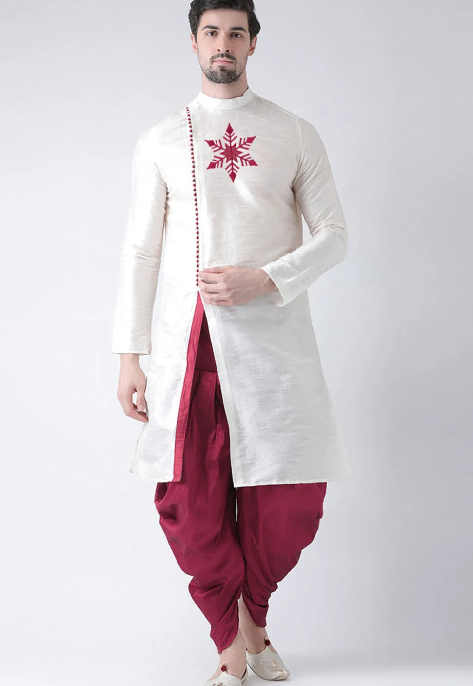 Embroidered Dupion Silk Kurta Set in White