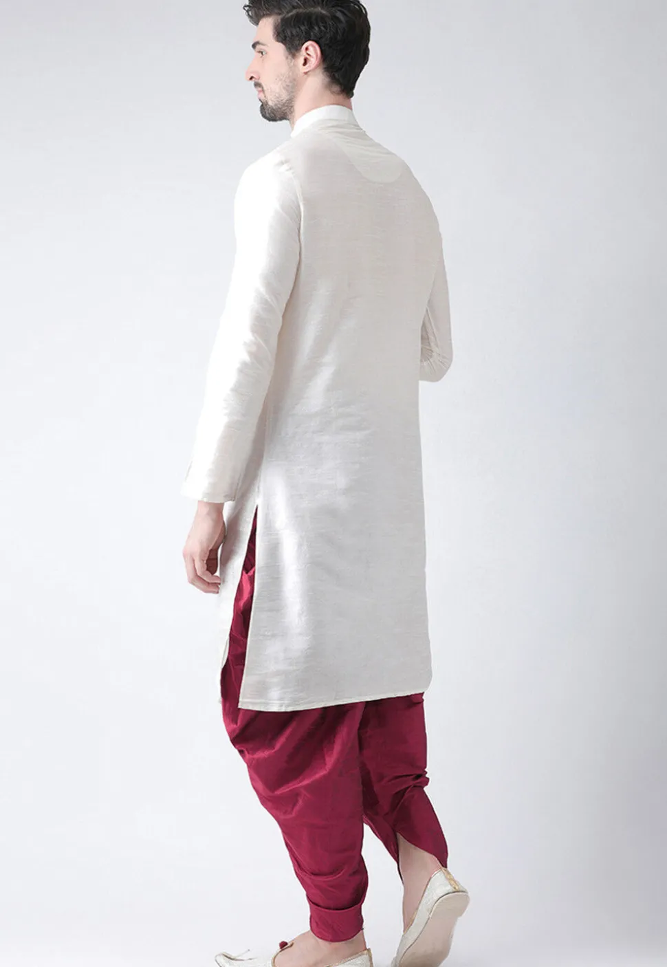 Embroidered Dupion Silk Kurta Set in White