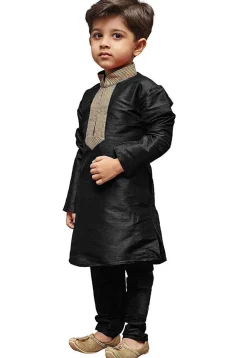 Embroidered Dupion Silk Kurta Set in Black