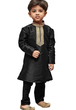 Embroidered Dupion Silk Kurta Set in Black