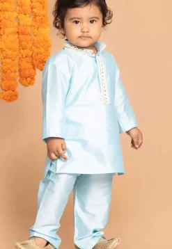 Embroidered Dupion Silk Kurta Set in Light Blue