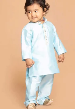 Embroidered Dupion Silk Kurta Set in Light Blue