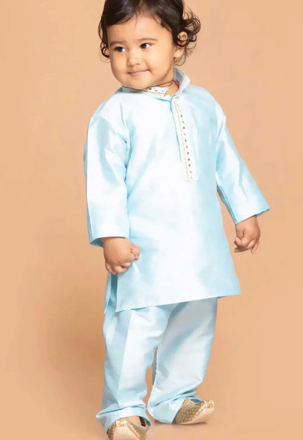 Embroidered Dupion Silk Kurta Set in Light Blue