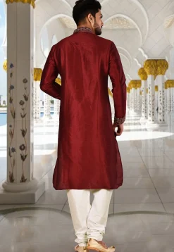 Embroidered Dupion Silk Kurta Set in Maroon and White
