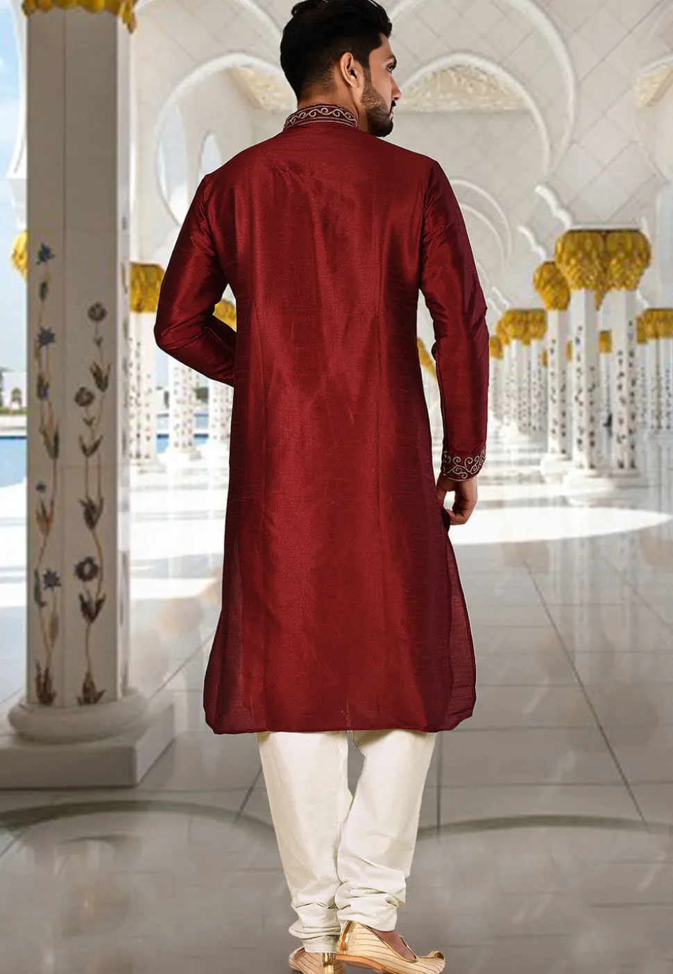 Embroidered Dupion Silk Kurta Set in Maroon and White