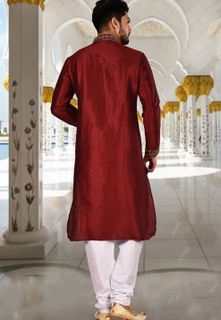 Embroidered Dupion Silk Kurta Set in Maroon and White