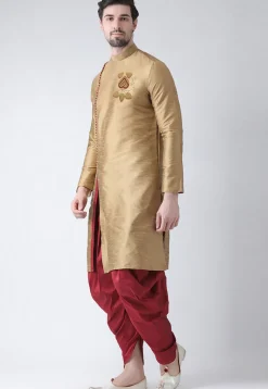 Embroidered Dupion Silk Kurta Set in Beige