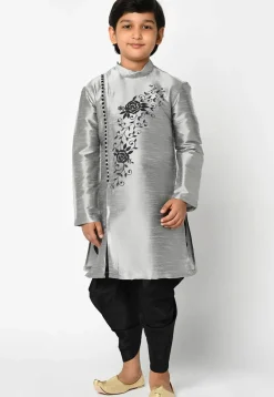 Embroidered Dupion Silk Kurta Set in Grey